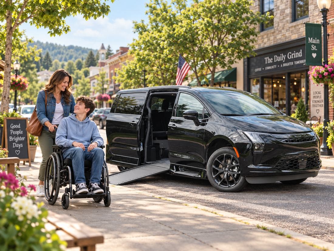 A mother and her teenage son, who uses a wheelchair, beside their accessible van on a downtown street