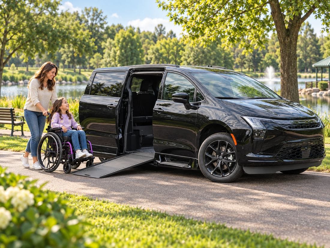 A side-entry Chrysler Pacifica with the in-floor ramp deployed to a level path