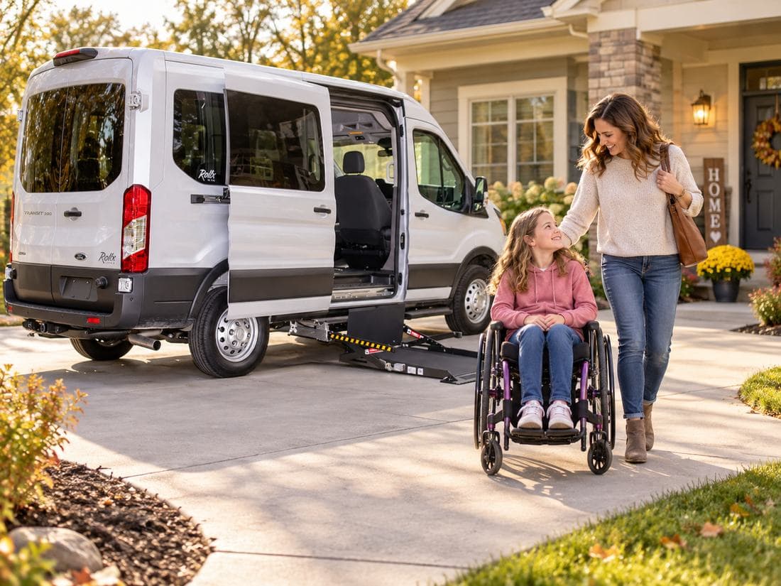 A white Ford Transit with its lift deployed in a driveway as a girl in a wheelchair and her mother arrive home