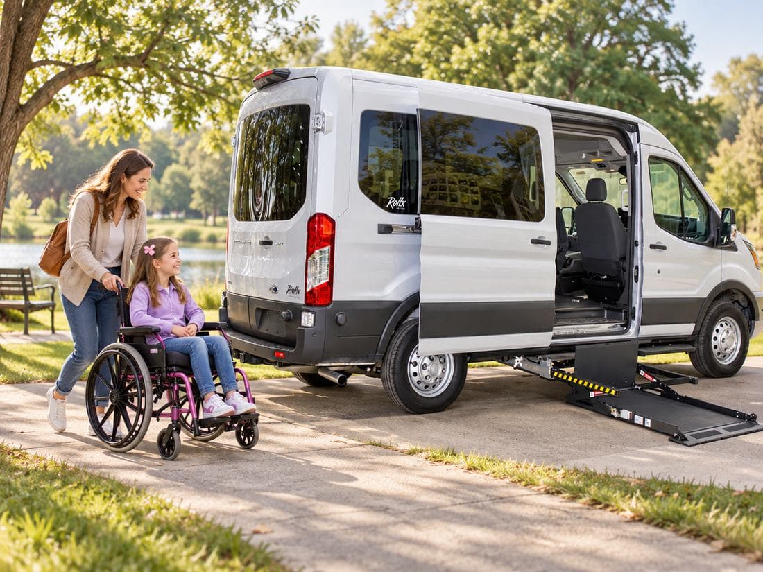 A white Ford Transit with its side-door lift lowered to a park path as a girl in a wheelchair and her mother approach